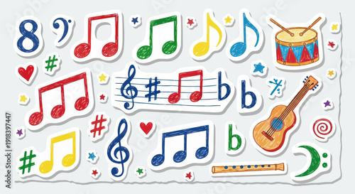 カラフルな手描き風の音符、ト音記号、シャープ、フラットなどの音楽記号、そしてドラムやギターといった楽器が散りばめられた、子供向けの楽しい音楽学習と教育のためのイラストレーション素材。