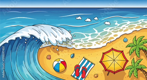 大きな波が打ち寄せる砂浜で、ヤシの木、ビーチパラソル、ビーチボール、タオルが夏の休日を楽しく彩るイラストレーション。