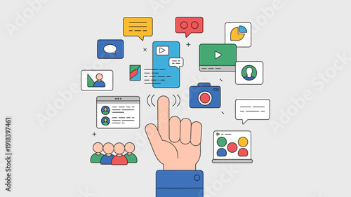 A stylized illustration depicts a hand interacting with various digital icons representing social media communication and data analysis high quality professional detailed modern elegant stylish clean