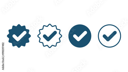Four dark blue icons displaying checkmarks within various shapes are presented in a horizontal row on a white background high quality professional detailed modern elegant stylish
