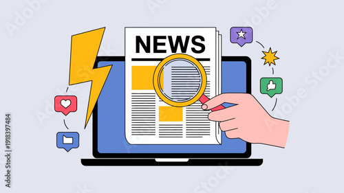 A digital illustration depicts a laptop displaying news with a magnifying glass examining the content and social media icons surrounding it high quality professional detailed modern