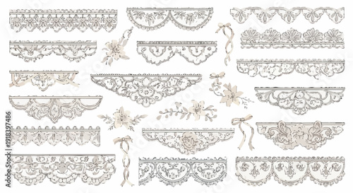 エレガントなレースのボーダーとトリムの多様なコレクション。結婚式やヴィンテージデザインに最適な装飾的なパターンセット。