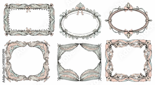 手描きで描かれたヴィンテージ風の装飾的なフレームセット。バロック様式やロココ調のエレガントなデザインが特徴で、招待状やグリーティングカード、証明書などの背景素材として幅広く活用できます。