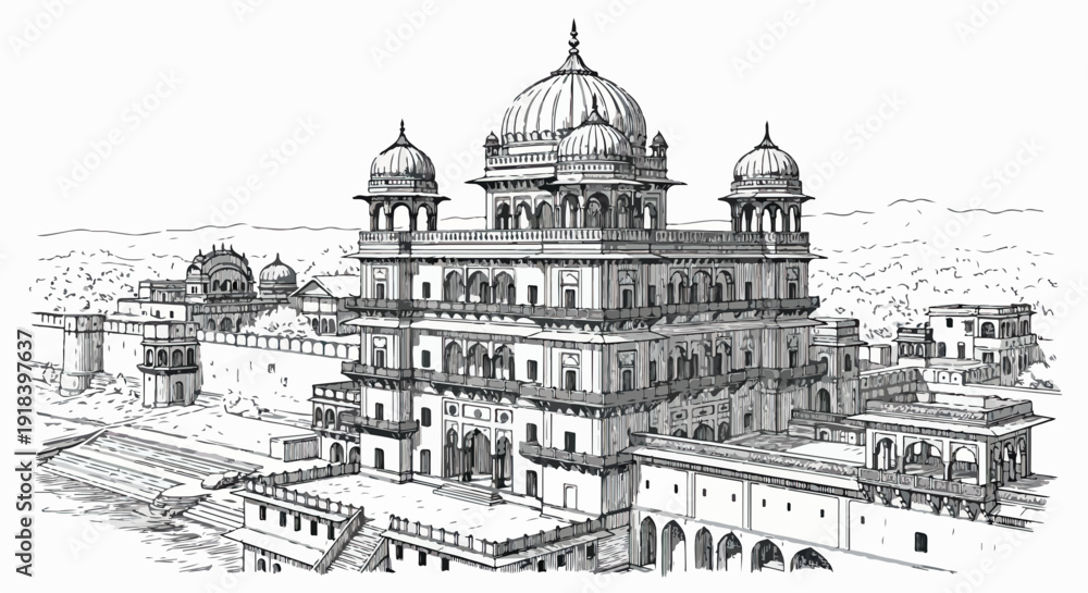 Obraz premium 歴史的なインドの宮殿建築を描いた、精巧なドームと細部が特徴の白黒線画イラスト。伝統的な様式美を伝える壮麗な建造物で、文化遺産としての価値を示す。
