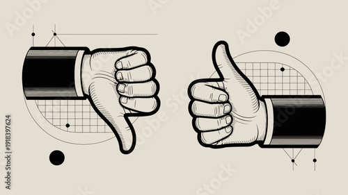 A graphic illustration depicts two hands one giving a thumbs down and the other a thumbs up set against a minimalist geometric background high quality professional