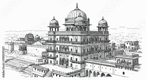 歴史的なインドの宮殿建築を描いた、精巧なドームと細部が特徴の白黒線画イラスト。伝統的な様式美を伝える壮麗な建造物で、文化遺産としての価値を示す。