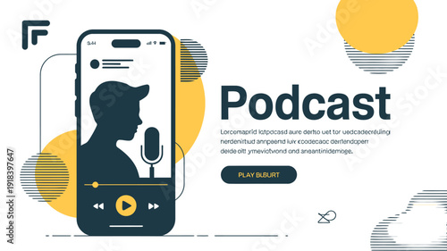 A smartphone displays a podcast interface featuring a silhouetted person speaking into a microphone promoting audio content consumption high quality professional detailed modern elegant stylish clean