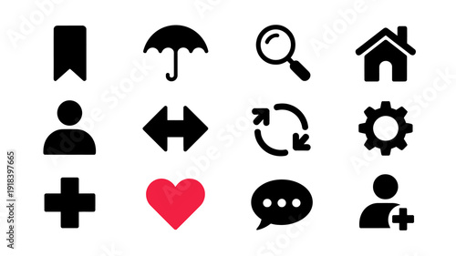 A collection of simple black glyph icons are displayed against a white background representing various common digital interface elements high quality professional detailed modern elegant stylish