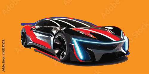 The car has a sleek, aerodynamic design with sharp, flowing lines and a low profile. It features large, dark alloy wheels and a wide body that emphasizes speed and performance.