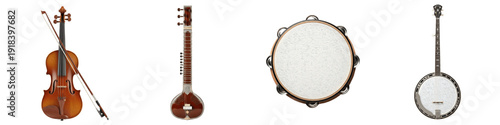 Fotografi Musical Instruments Set Isolated On White Background PNG Transparent Violin Sita