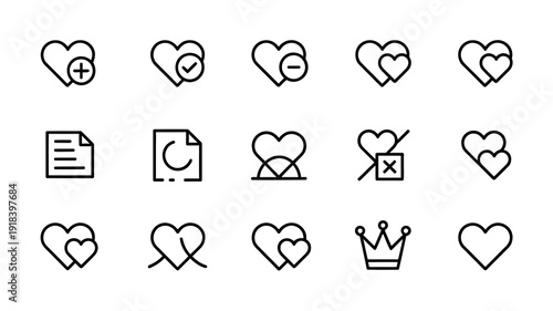 A collection of simple black and white line icons depicts various heart shapes plus symbols and other related graphical elements high quality professional detailed modern elegant