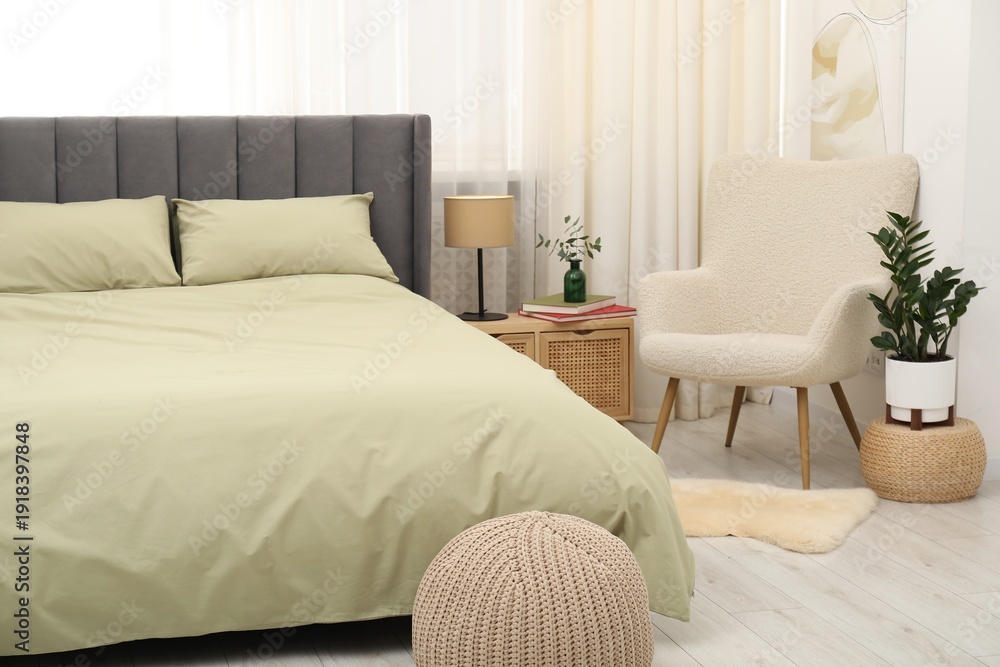 Fototapeta premium Comfortable bed with stylish linens at home