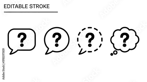 A series of four black outline speech bubbles each containing a question mark symbolizing inquiry and thought processes high quality professional detailed modern elegant stylish clean
