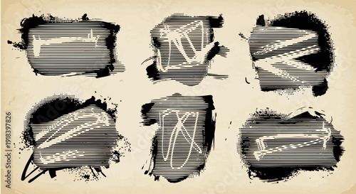 グランジとアブストラクトな手描き線、デジタルグリッチが融合したモノクロームのインク飛び散りデザイン要素セット。クリエイティブな背景や装飾に最適です。