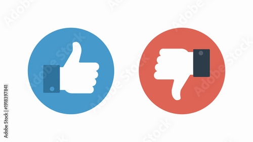 This image displays two circular icons a blue circle with a white thumbs up and a red circle featuring a white thumbs down high quality professional