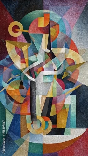 Vibrant colorful cubist abstract painting with geometric shapes curves and textured brushstrokes