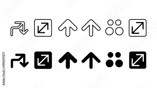 A collection of simple black line icons depicts various functions including transport expansion direction people and screen options high quality professional detailed modern elegant stylish clean