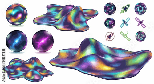 ホログラフィックな光沢を持つ流体状の抽象的な球体と形、宇宙を思わせるアイコンが特徴的な、未来的なデザイン要素のセット。