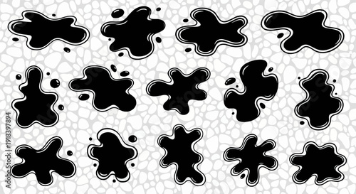 様々な形をした黒いインクの飛び散りや液体の染み、汚れの集合が白い背景に描かれた、デザイン素材として活用できる抽象的なベクトルイラスト。