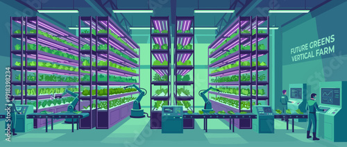 Futuristic vertical indoor salad farm with LED grow lights and robotic arms in a warehouse. Workers manage automated hydroponic systems for sustainable agriculture and urban food production.
