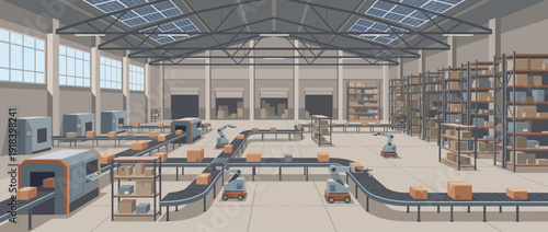 Modern automated logistics fulfillment center with conveyor belts, robotic arms, and storage racks. Industrial warehouse interior with solar panels on the roof and smart technology for shipping.