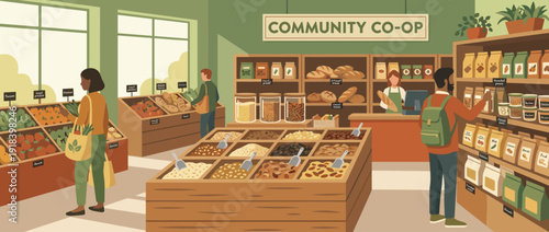 Flat vector illustration of a modern community co-op grocery store interior with bulk food bins, local organic produce, diverse people shopping, fresh bread, and a friendly cashier at checkout.