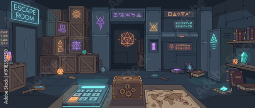 Flat vector illustration of a modern escape room game interior with mysterious puzzles, neon symbols, and hidden clues. Features a keypad, locked chest, world map, and glowing artifacts.