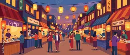 Bustling Asian night market flat vector illustration featuring glowing paper lanterns, street food stalls with vendors, and people walking through a vibrant outdoor festival at dusk with warm light.