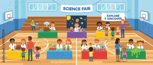 Flat Vector Illustration of a Children's Science Fair in a School Gymnasium with Kids Presenting STEM Projects, Volcanoes, Solar System, Chemistry Experiments and Robots to Parents and Teachers