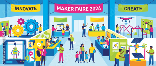 Flat vector illustration of a modern Maker Faire 2024 event with diverse people exploring interactive exhibits, 3D printing, robotics, drones, and solar energy inventions for STEM education.