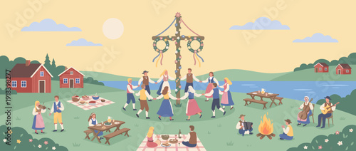 Traditional Scandinavian Midsummer Celebration Illustration with People in Folk Costumes Dancing Around a Maypole, Musicians Playing, Picnic, Bonfire, and Red Houses by a Lake in Summer.