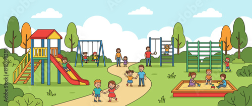 Colorful flat vector illustration of a children's playground in a public park with kids playing on a slide, swings, climbing frame, and sandbox, featuring happy families and lush green trees.