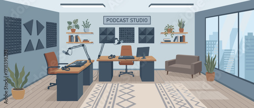 Modern podcast recording studio interior flat vector illustration featuring professional microphones, soundproofing panels, audio mixers, headphones, office chairs, plants, and city view window.