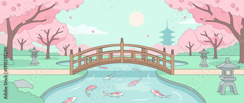Serene Japanese Garden Vector Illustration Featuring Blooming Cherry Blossom Sakura Trees, Traditional Wooden Bridge over a Koi Pond, Stone Lanterns, and a Distant Pagoda Silhouette Landscape.