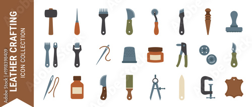 Comprehensive Vector Icon Set of 24 Leather Crafting and Tooling Items in Flat Design Style. Professional Equipment for Leatherwork, Handmade Crafting, Workshop Tools, and DIY Hobby Projects.
