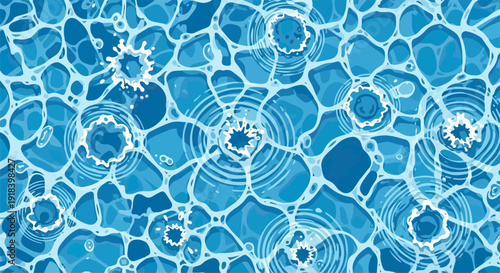 上空から見た青い水面に広がる無数の波紋と飛び散る水しぶきが織りなす、夏の涼しげで透明感あふれる美しい水のテクスチャ背景イラストレーション。