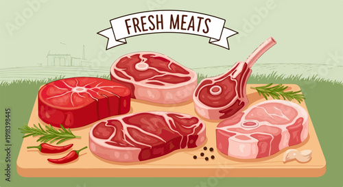 新鮮な肉の様々な部位が木製のまな板に並べられ、唐辛子やハーブなどの香辛料が添えられた食欲をそそるイラスト。