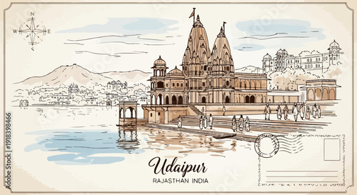 インドのラジャスタン州ウダイプルにある歴史的な湖畔の寺院と山々を描いた、手描きのビンテージ風ポストカードイラスト。