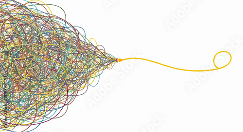 絡み合った複数の複雑なカラフルな線が一本のシンプルな黄色い糸へと整理されていく様子を描いた抽象的なグラフィックは、問題解決や思考の明確化、混沌から秩序への変化を象徴しています。