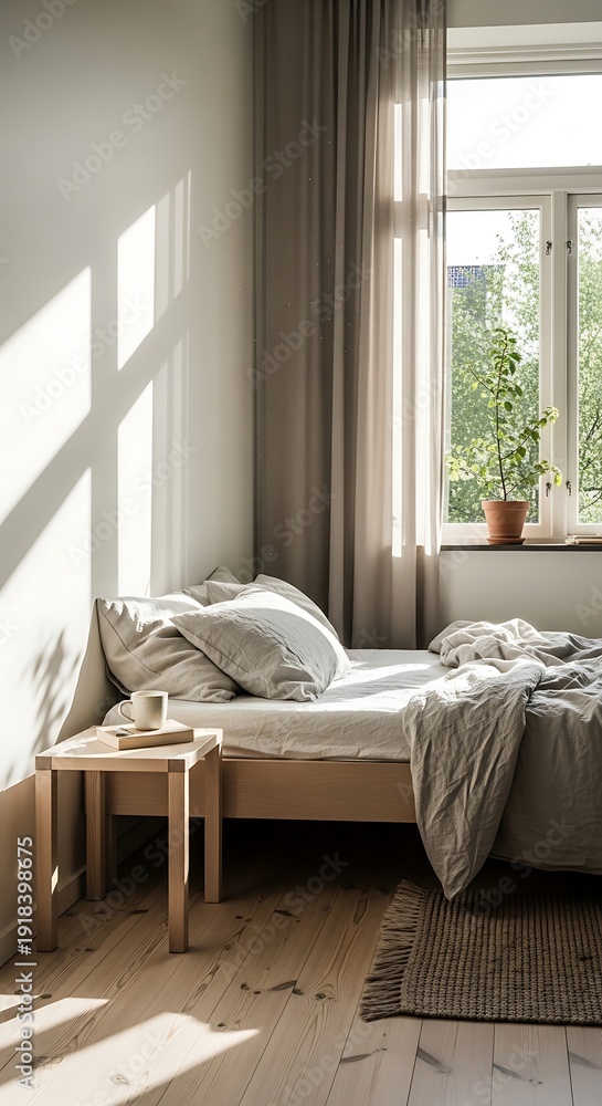 Fototapeta premium Cozy Bedroom with Natural Light and Minimalist Design.
