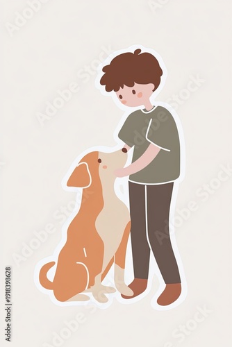 Cartoon, isolated, cut sticker, a young boy and his dog, muted fall colors, isolated background.