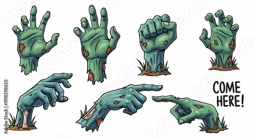 ハロウィンのテーマにぴったりの、地面から不気味に現れる様々なポーズのゾンビの手のイラストセット。恐怖とユーモアを表現するデザイン素材です。