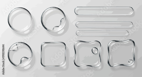 透明なガラスやアクリルの光沢のあるUI要素セット。液体の波紋や泡、メタリックな縁取りが特徴の丸や四角のボタン、フレーム、テキストボックス。現代的で未来的なデザインに最適です。