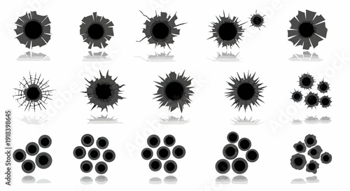 白い背景に銃弾の衝撃でガラスがひび割れた弾痕のベクターイラストセット。様々な形状の穴と破片がリアルに表現されています。