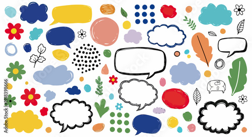 カラフルな手描きの吹き出し、雲、花、葉、ドット、抽象的な形が散りばめられた、子供のようなクリエイティブなデザイン要素のセット。メッセージや装飾に最適。