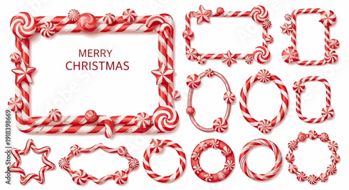 メリークリスマスをテーマにした、赤と白のストライプ模様が特徴のキャンディケインとペパーミントキャンディで装飾された、様々な形状のフレームとボーダーのセット。