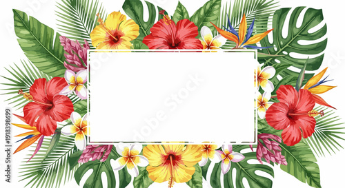 鮮やかなハイビスカス、プルメリア、モンステラなどの熱帯の花と葉が白いフレームを飾る、夏のバナーやメッセージボードにぴったりの水彩風イラスト背景。