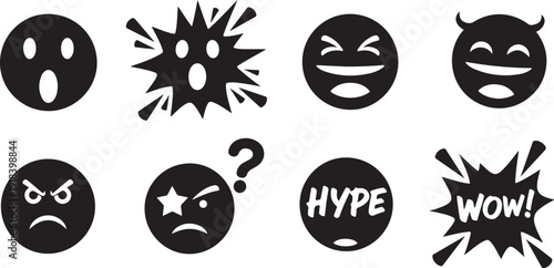 Vector Set of Bold Black Silhouette Emoticons and Expressive Reaction Icons for Social Media, Messaging, and UI Design