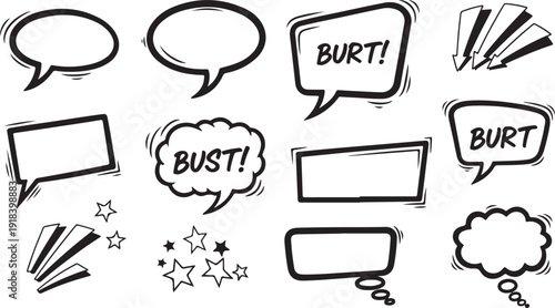 Dynamic Vector Set of Hand-Drawn Comic Book Style Speech Bubbles, Thought Clouds, and Stars with Energetic Zaps for Dramatic Effects