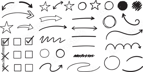 Diverse Hand-Drawn Doodle Graphic Elements: Arrows, Stars, Circles, Check Boxes, Crosses, Scribbles, and Accent Lines for Annotation.
